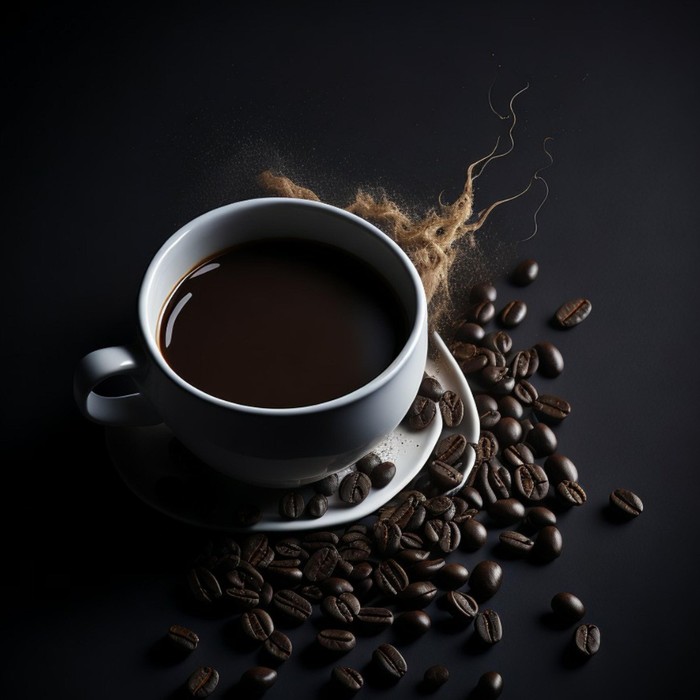 A hot cup of Indonesian coffee beside roasted beans